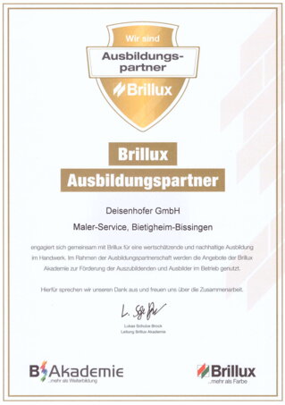 Maler-Service Deisenhofer ist Ausbildungspartner von Brillux